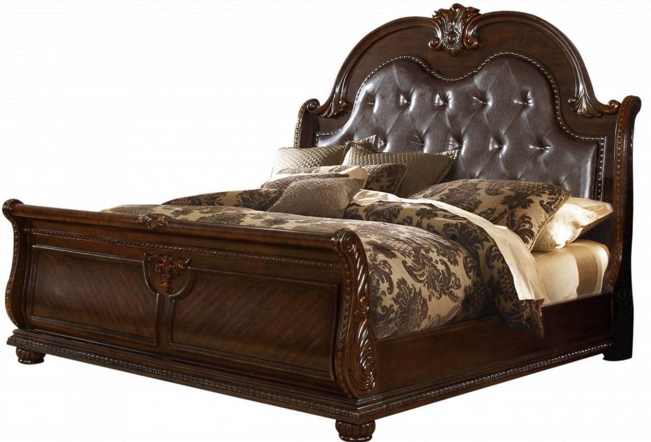 Roma 6PC Bedroom Set With Sleigh PU Headboard Dark Walnut 391