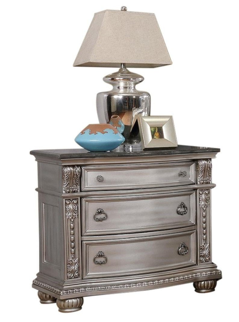 Roma 3 Drawer Night Stand With Marble Top Silver 391