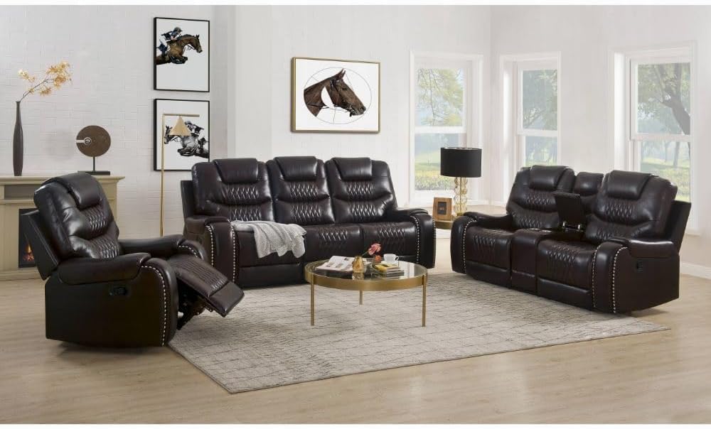 Romeo Power Recliner Set Brown With Embedded Studs & Console