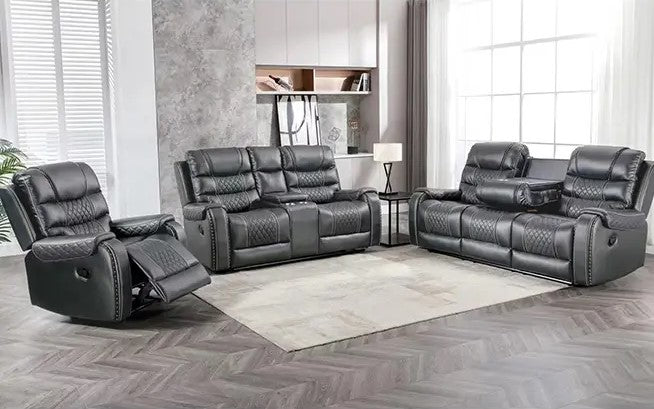 Romeo Power Recliner Set Grey With Embedded Studs & Console