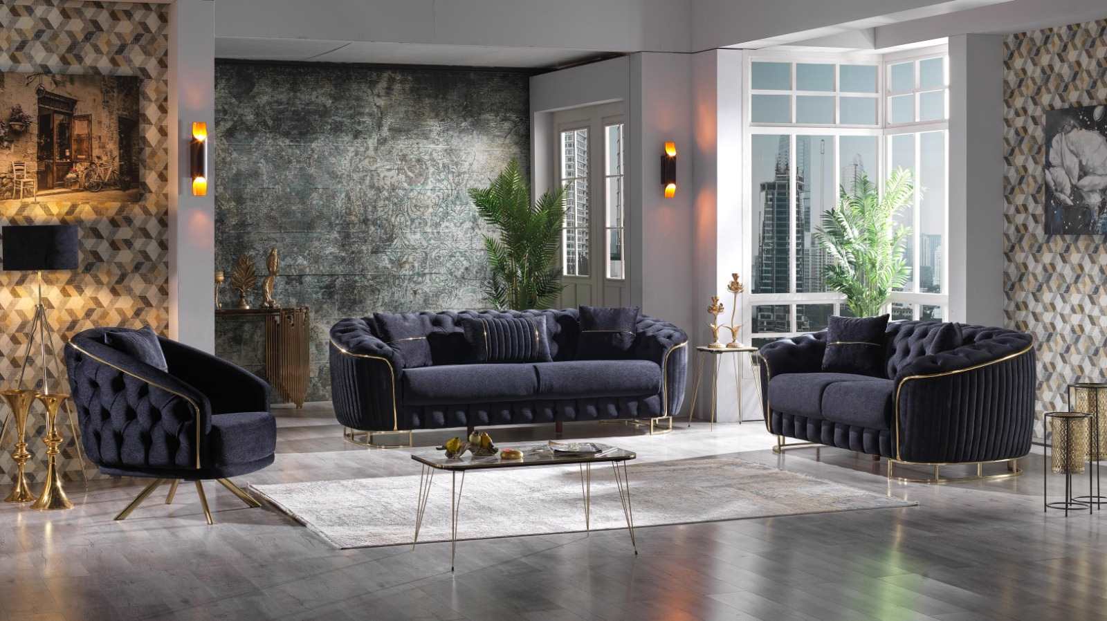 Rosa 3PC Black Velvet Sofa Set