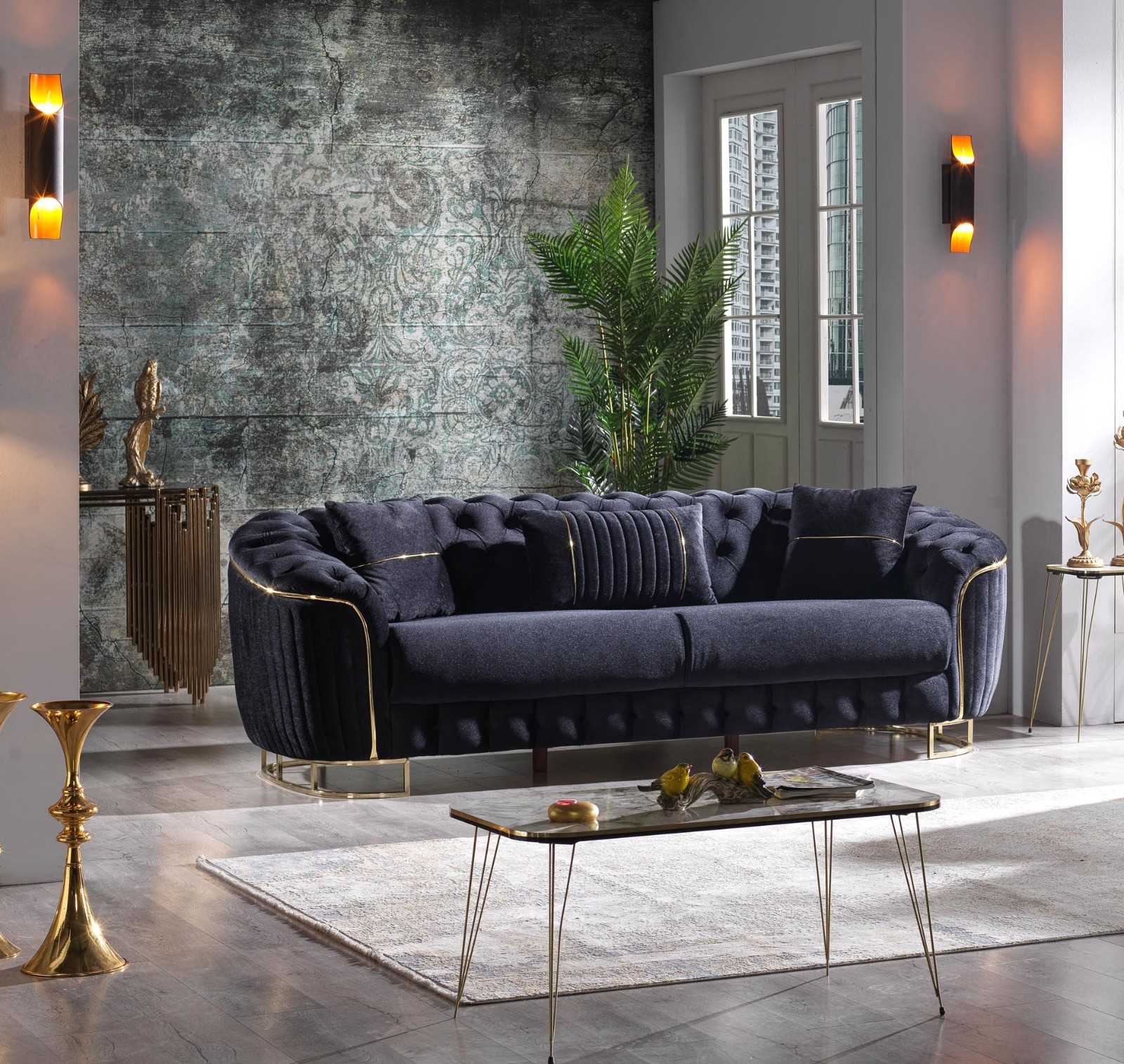 Rosa 3PC Black Velvet Sofa Set