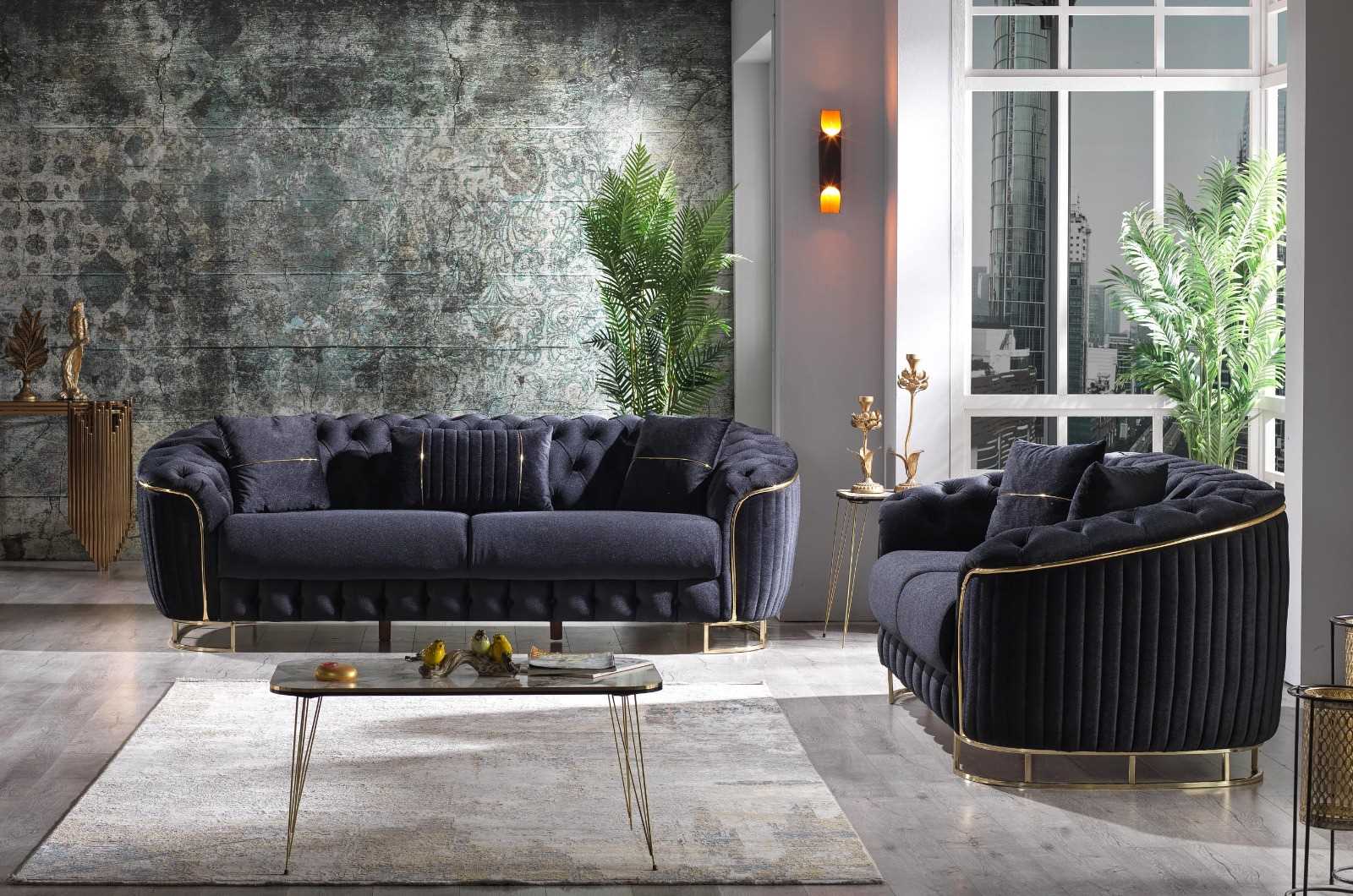 Rosa 3PC Black Velvet Sofa Set