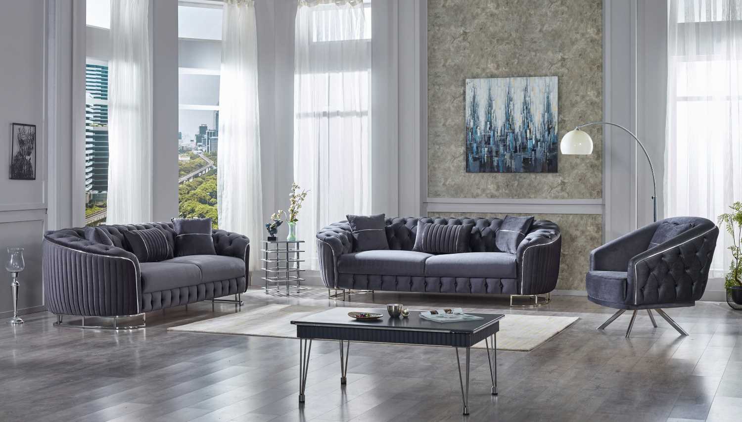 Rosa 3PC Grey Velvet Sofa Set