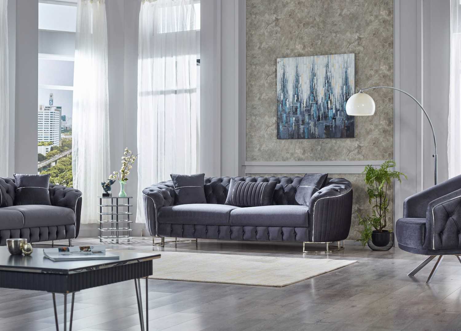 Rosa 3PC Grey Velvet Sofa Set