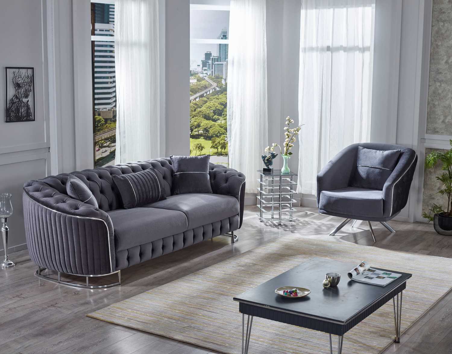 Rosa 3PC Grey Velvet Sofa Set