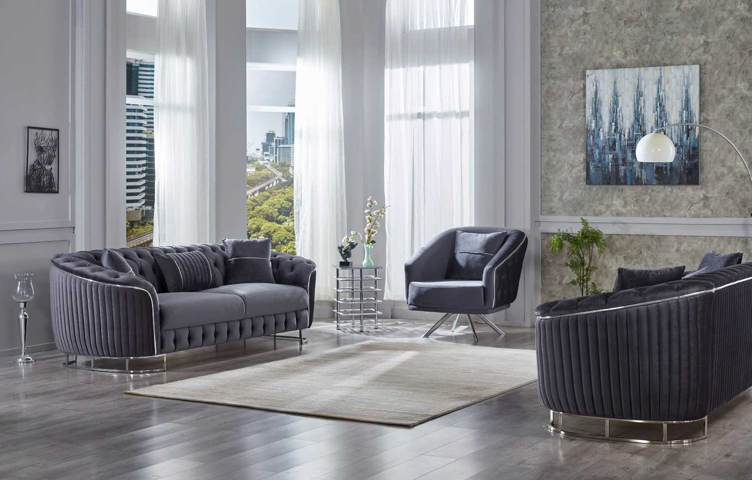 Rosa 3PC Grey Velvet Sofa Set