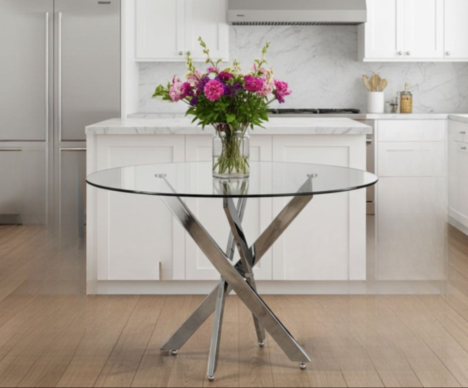 Round Glass Dining Table with 4 Black PU Chairs IF-1447/1760