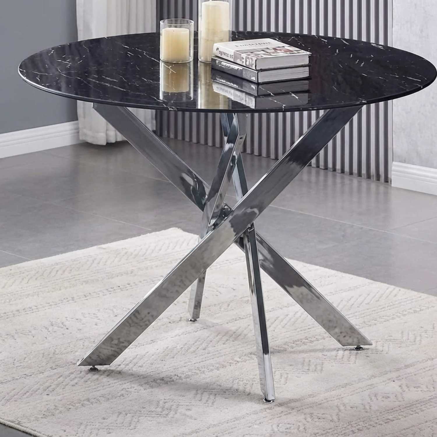 Round Tempered Black Marble Glass Dining Table T-1446 | Sale