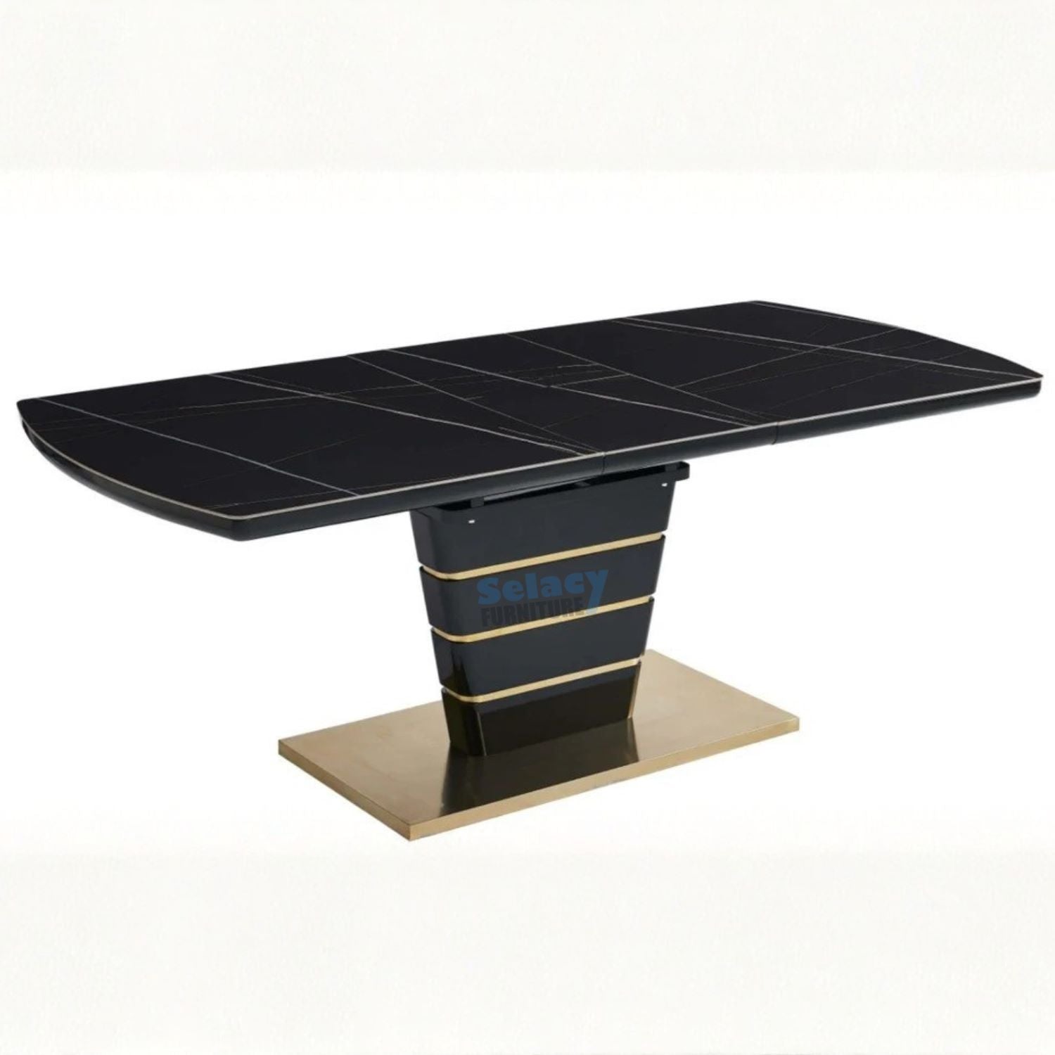 Ryan Black Extendable Ceramic 7PC Dining Set with Black & Grey PU Chairs