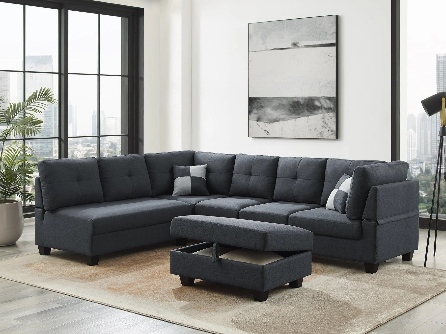 Simba Reversible Grey Fabric Sectional Sofa with Storage Ottoman