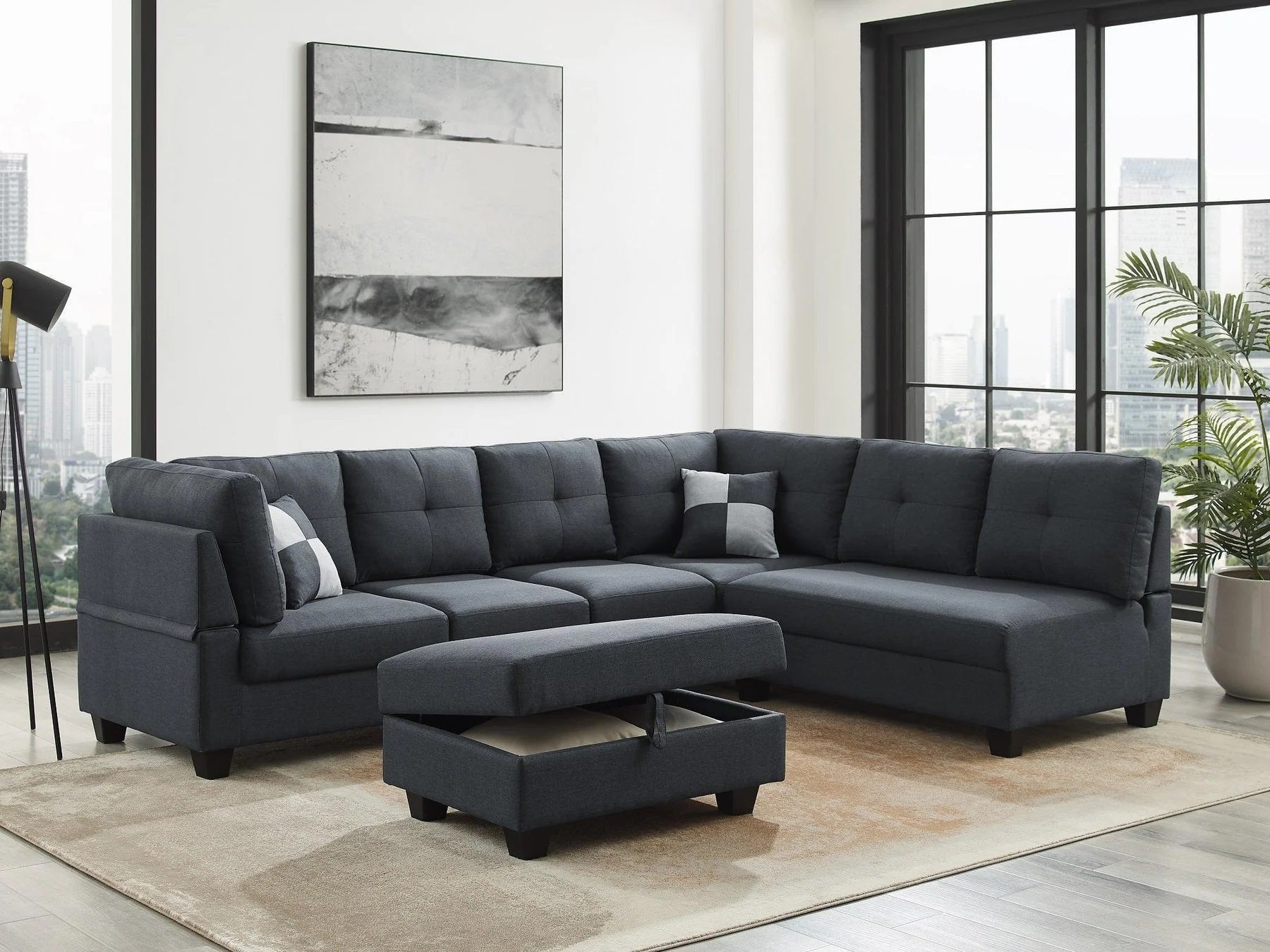 Simba Reversible Grey Fabric Sectional Sofa with Storage Ottoman