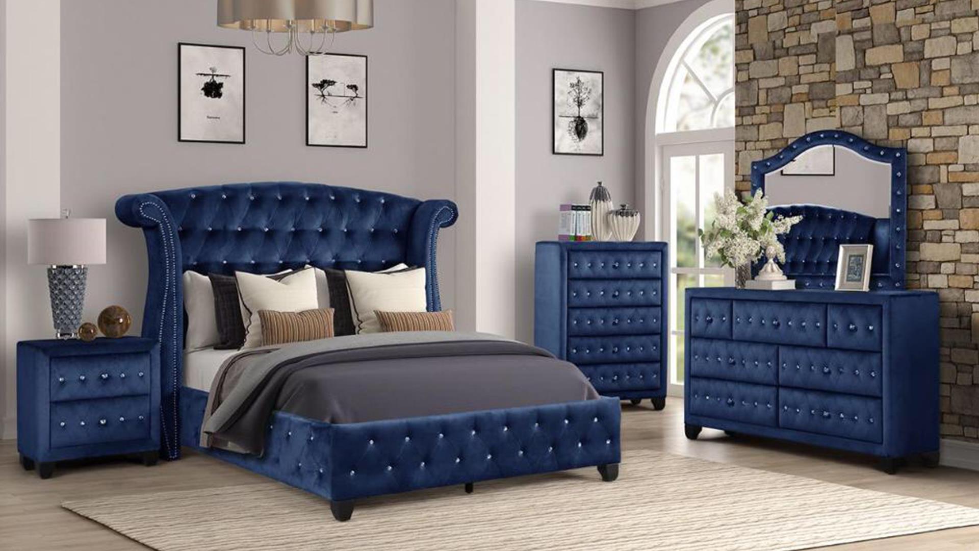 Sophia Blue Fabric Bed With Diamond Tufted Headboard B1181