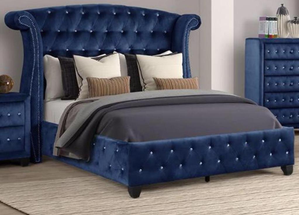 Sophia Blue Fabric Bed With Diamond Tufted Headboard B1181