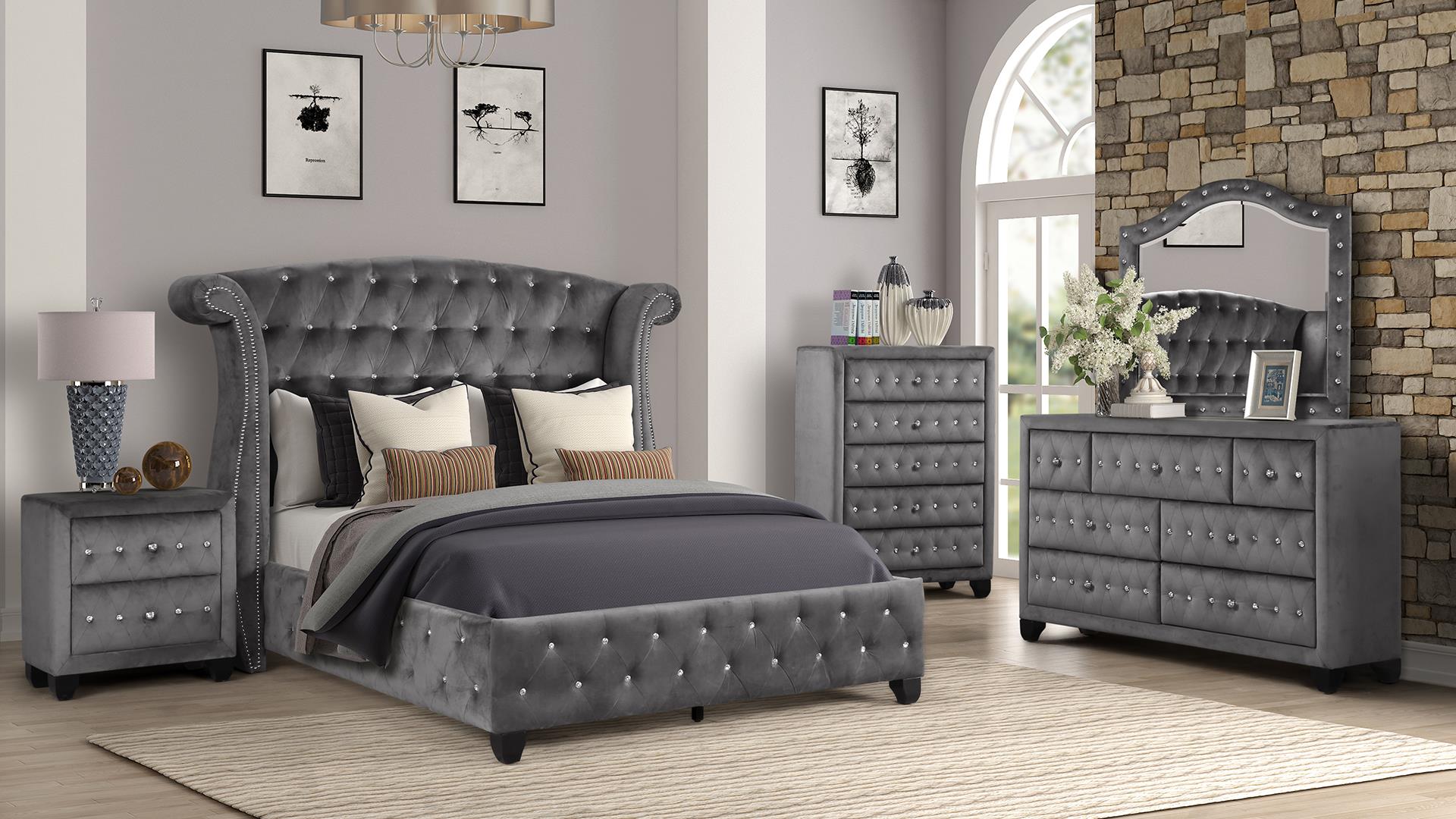 Sophia Grey Fabric 6PC Bedroom Set With Diamond Tufted Headboard B1181