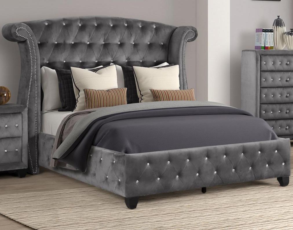 Sophia Grey Fabric Bed With Diamond Tufted Headboard B1181