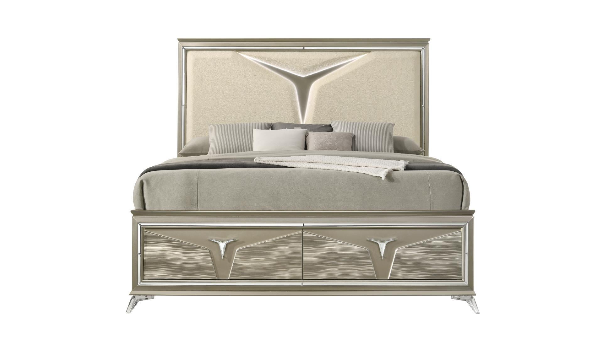 Samantha Bed With LED Light & Storage Footboard Olive Silver 1591