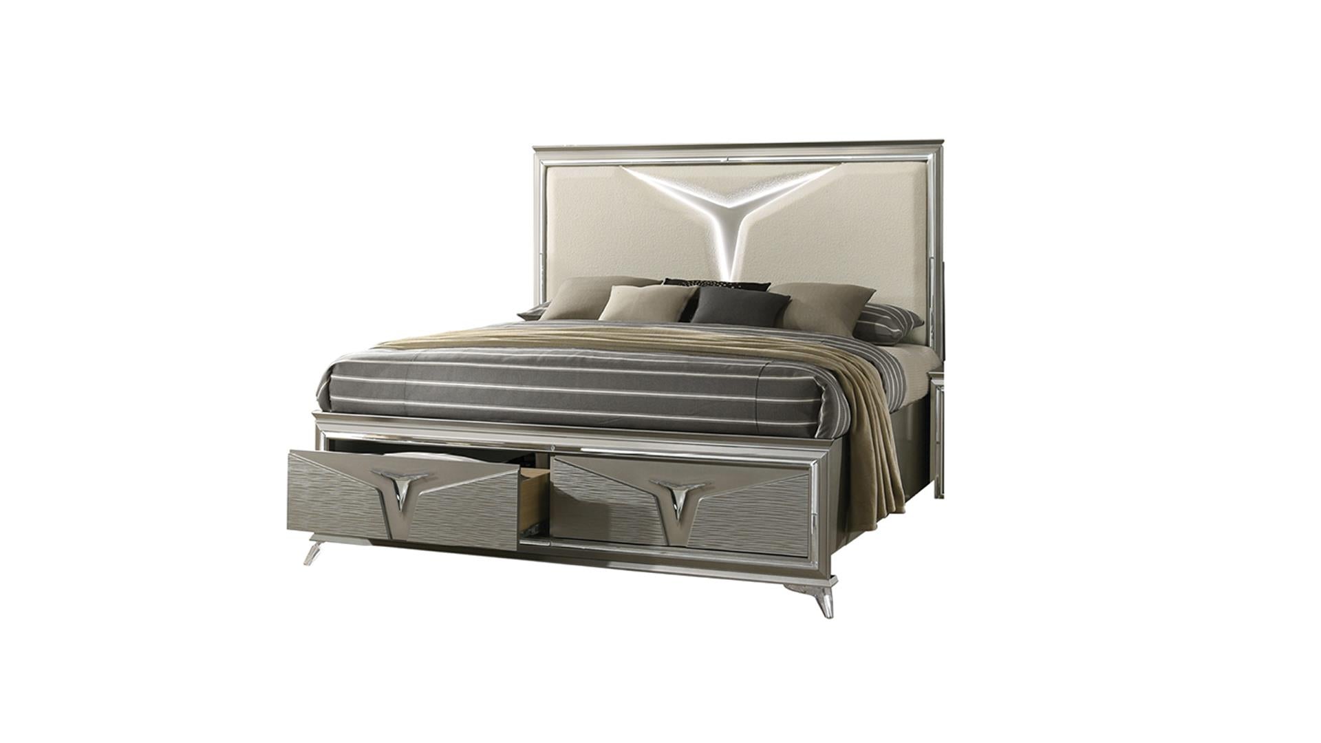 Samantha Bed With LED Light & Storage Footboard Olive Silver 1591