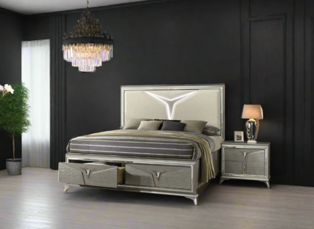 Samantha 6PC Bedroom Set With LED Light & Storage Footboard Olive Silver 1591