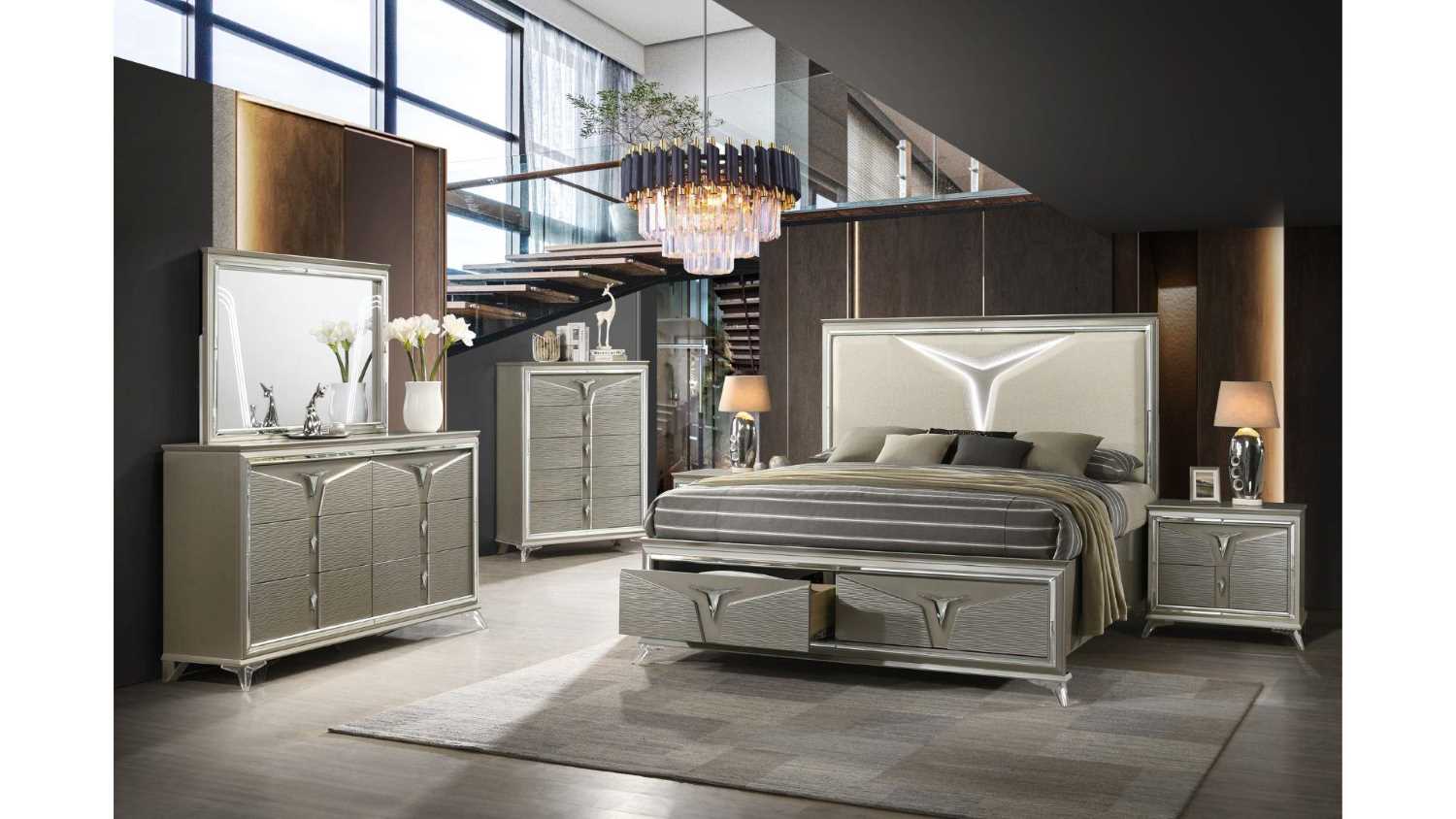 Samantha Bed With LED Light & Storage Footboard Olive Silver 1591