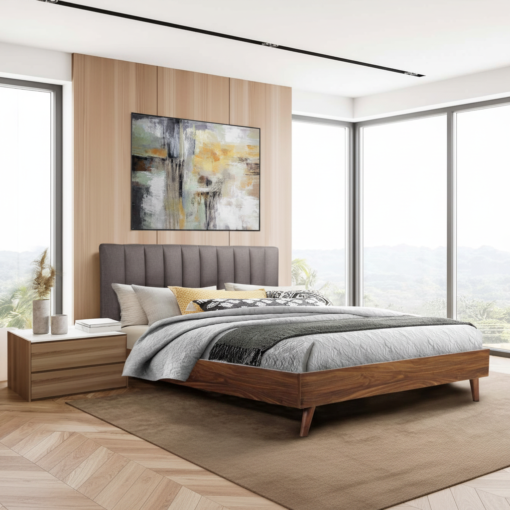 Sasha Walnut & Grey Platform Bed with Upholstered Headboard 5891