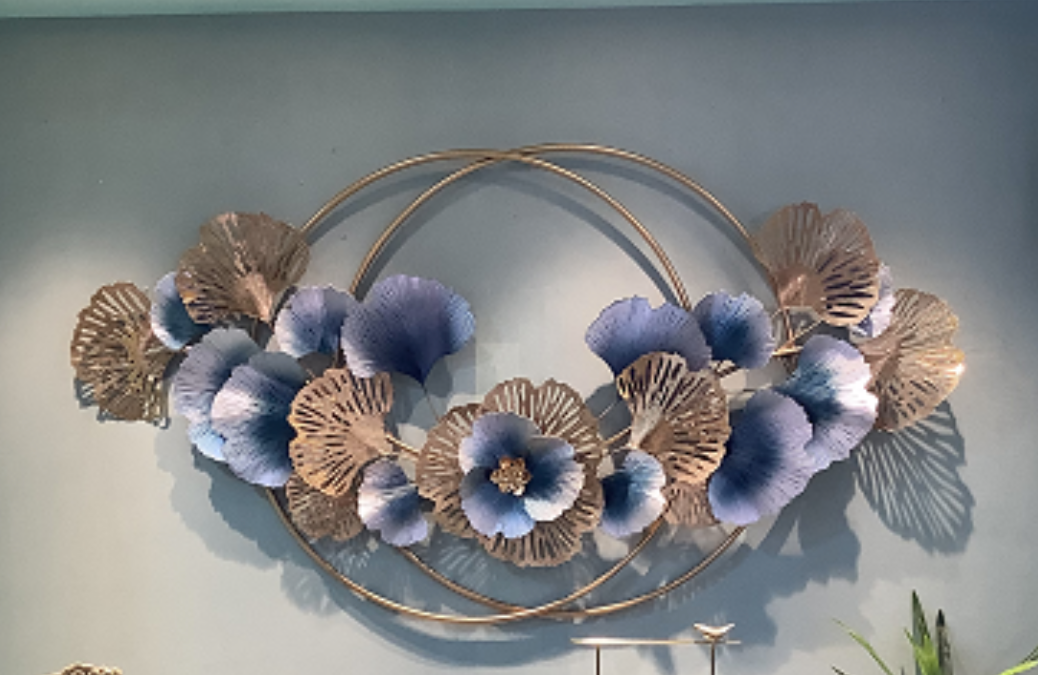 Wall Décor in Large Gold, Grey & Dark Blue Gradient Metal Flowers