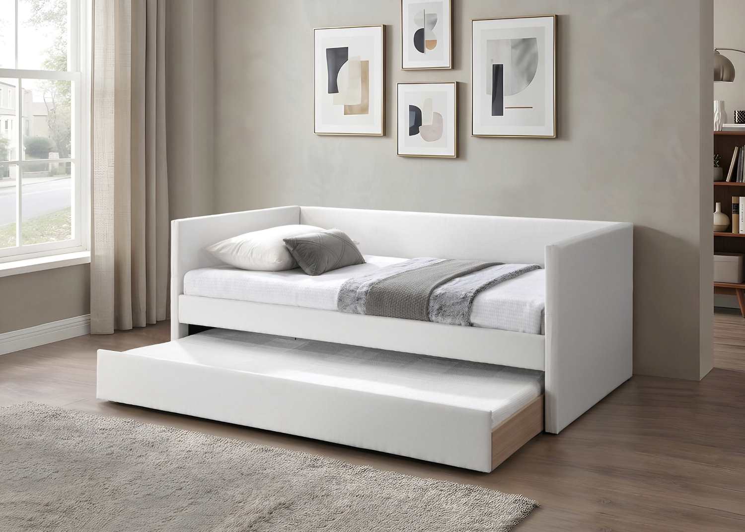 Single Upholstered Daybed with Pull-Out Trundle Ivory IF 307