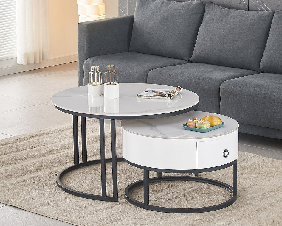 Sintered Stone White Marble 2PC Coffee Table Set With Black Steel Base 2669