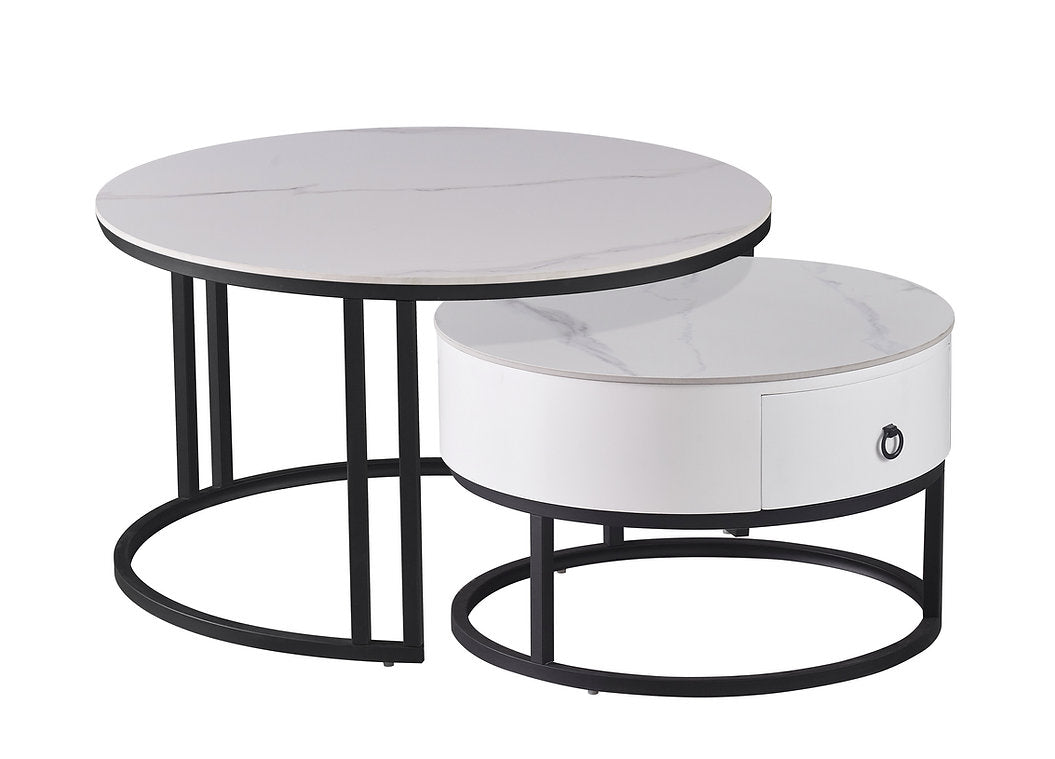 Sintered Stone White Marble 2PC Coffee Table Set With Black Steel Base 2669