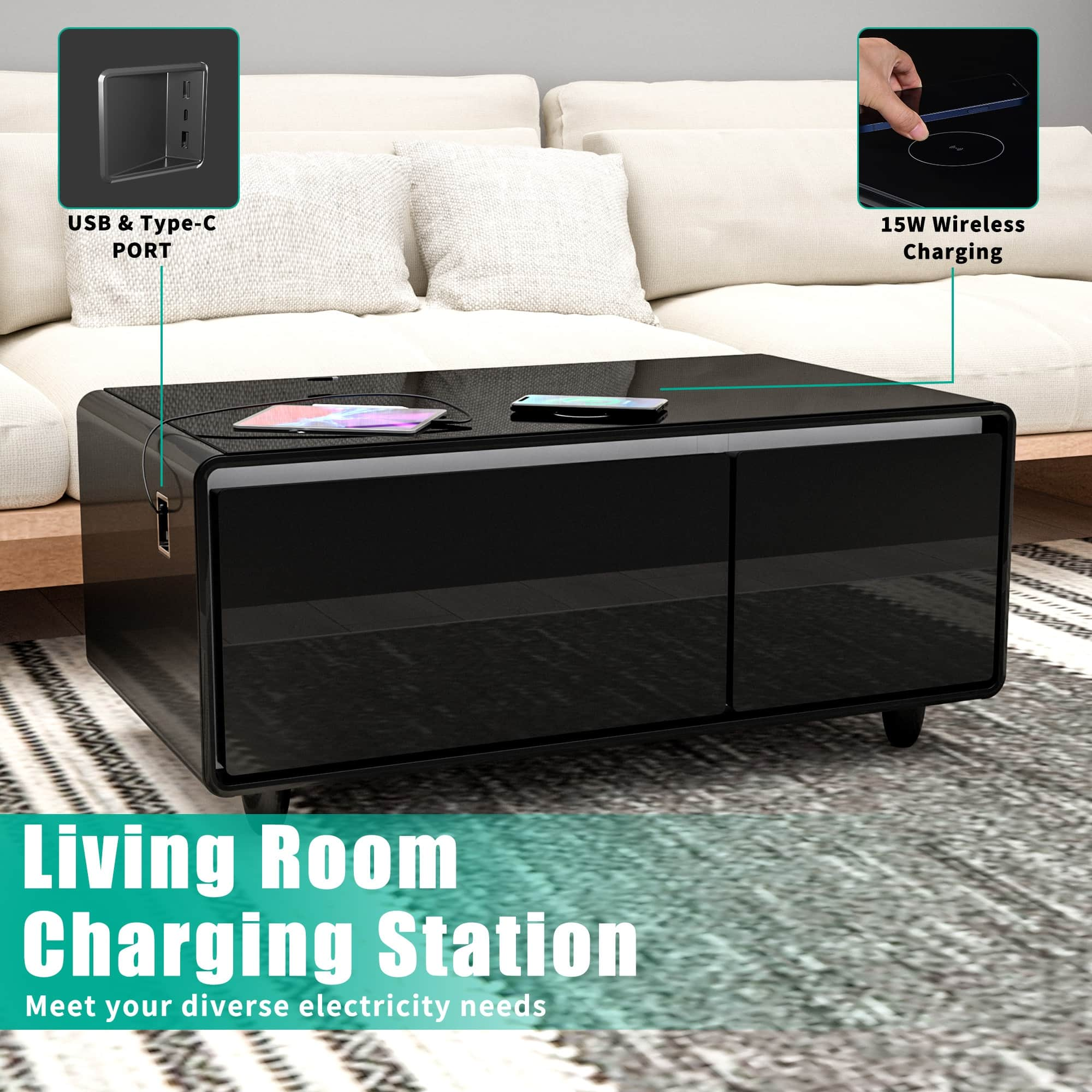 Party Time Smart Fridge Coffee Table With Music Player And Charging Station Black