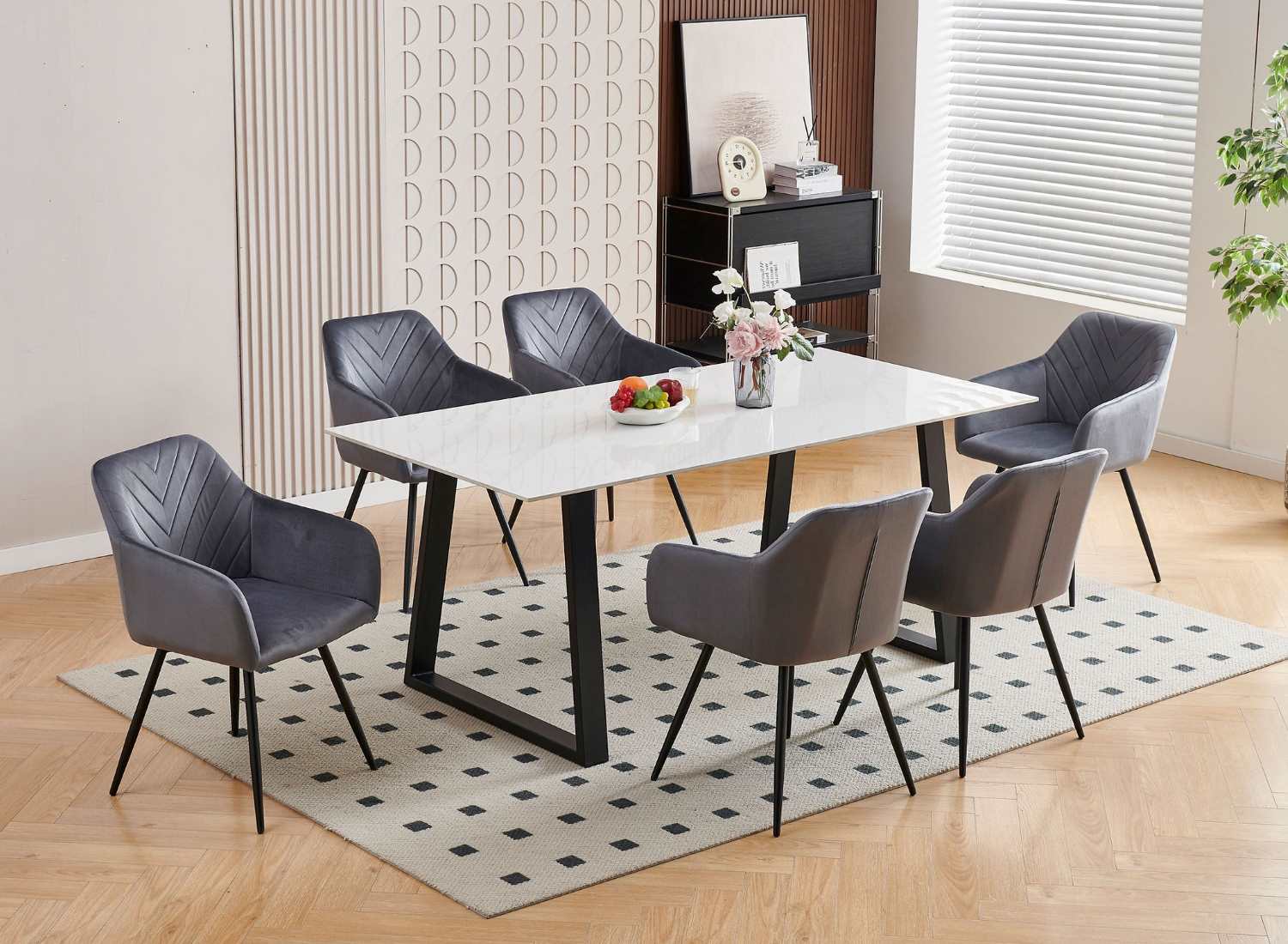 Snowy White Sintered Stone Dining Table With 6 Velvet Chairs 1550 / 1552