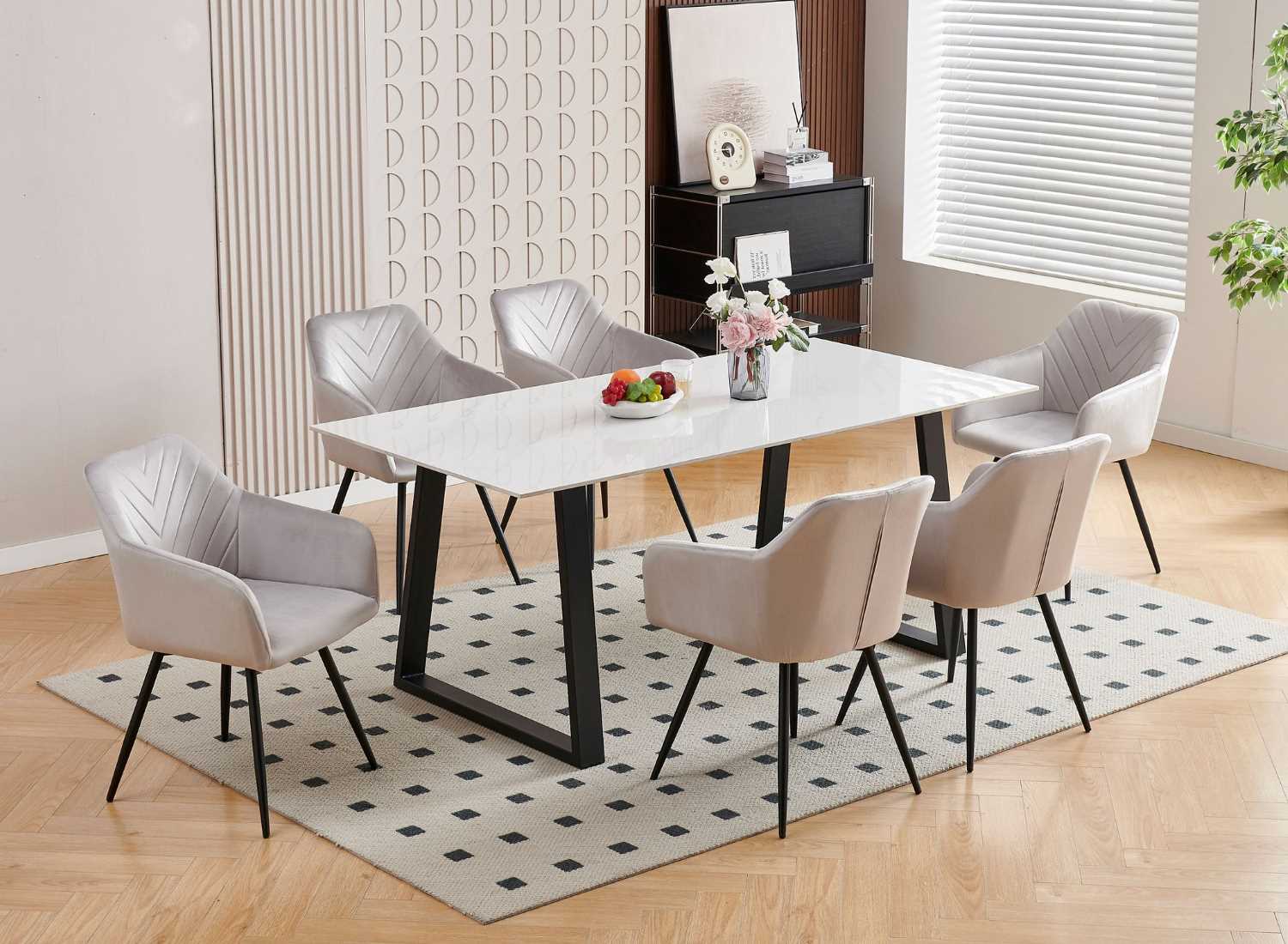 Snowy White Sintered Stone Dining Table With 6 Velvet Chairs 1550 / 1551