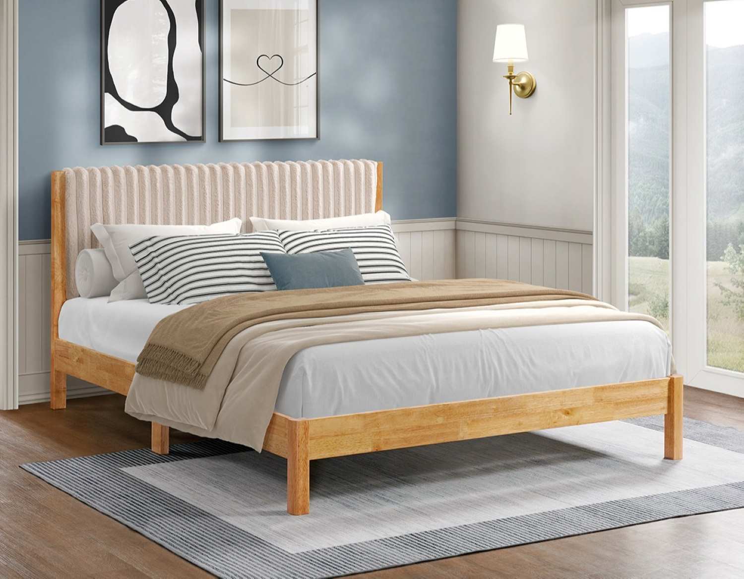 Solid-Wood Warm Natural Finish Queen Bed 5598