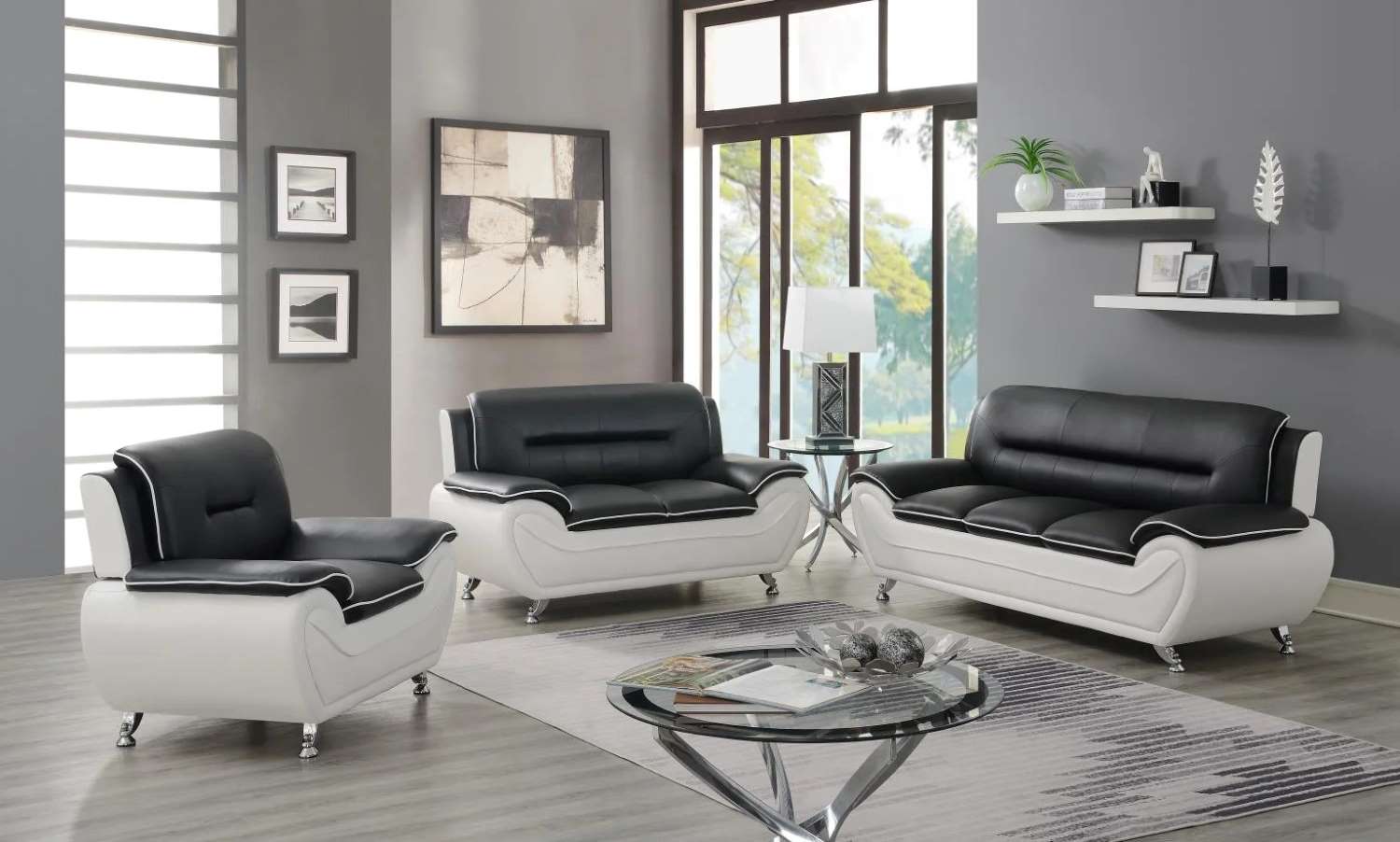 Speedy Black & White Faux Leather 3pc Sofa Set with Chrome Legs 868