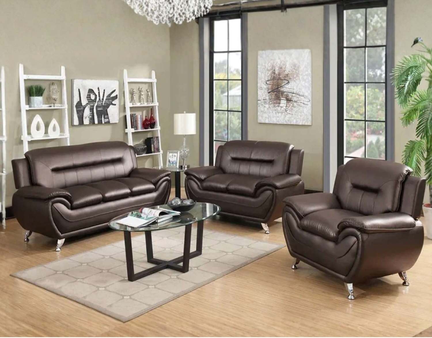 Speedy Brown Faux Leather 3pc Sofa Set with Chrome Legs 868