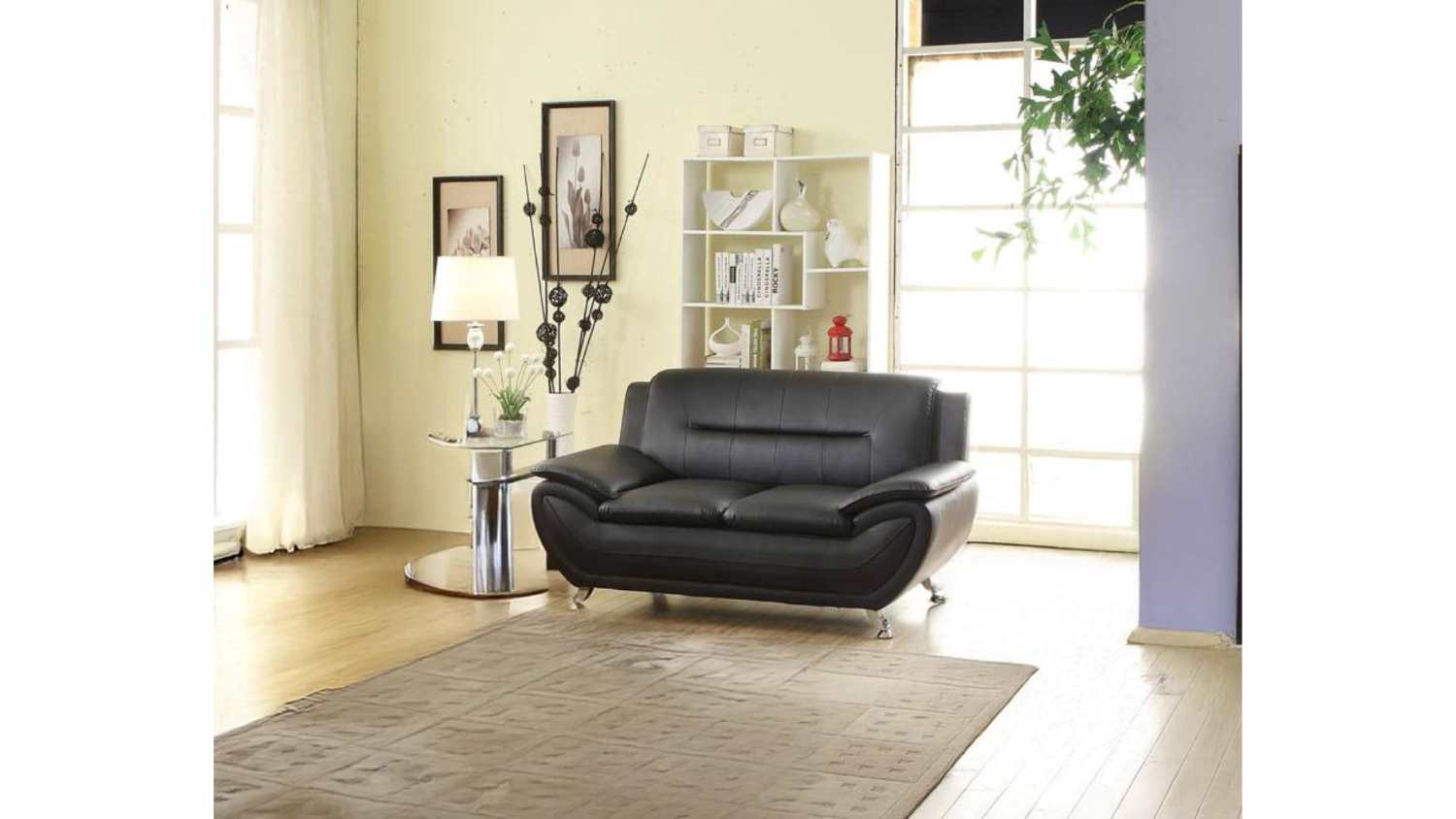 Spruce Black Faux Leather Sofa Set 3350