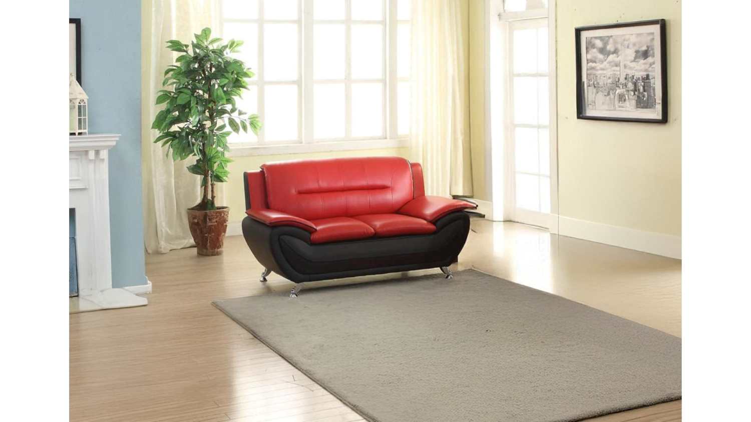 Spruce Red & Black Faux Leather Sofa Set 3350