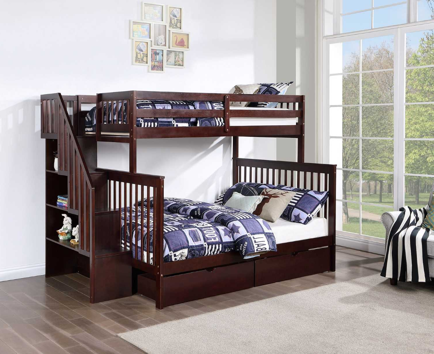 Staircase Bunk Bed with 2 Storage Drawers - Espresso 1850 Single/Double