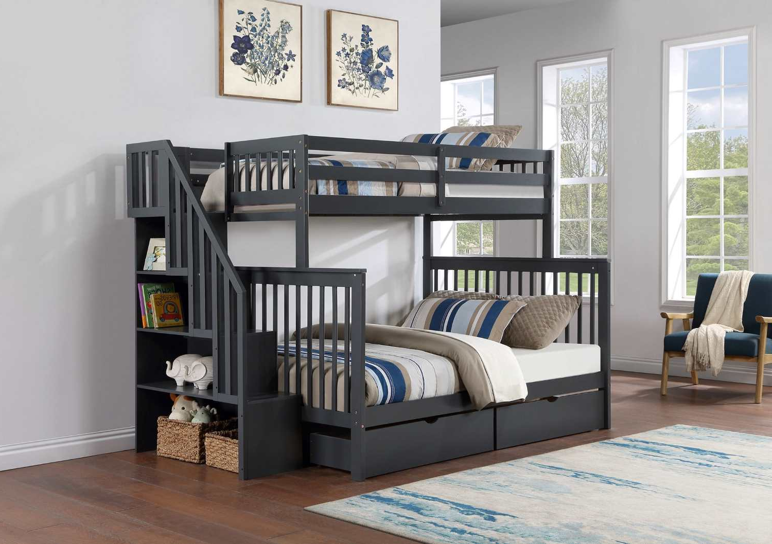 Staircase Bunk Bed with 2 Storage Drawers - Grey 1851 Single/Double