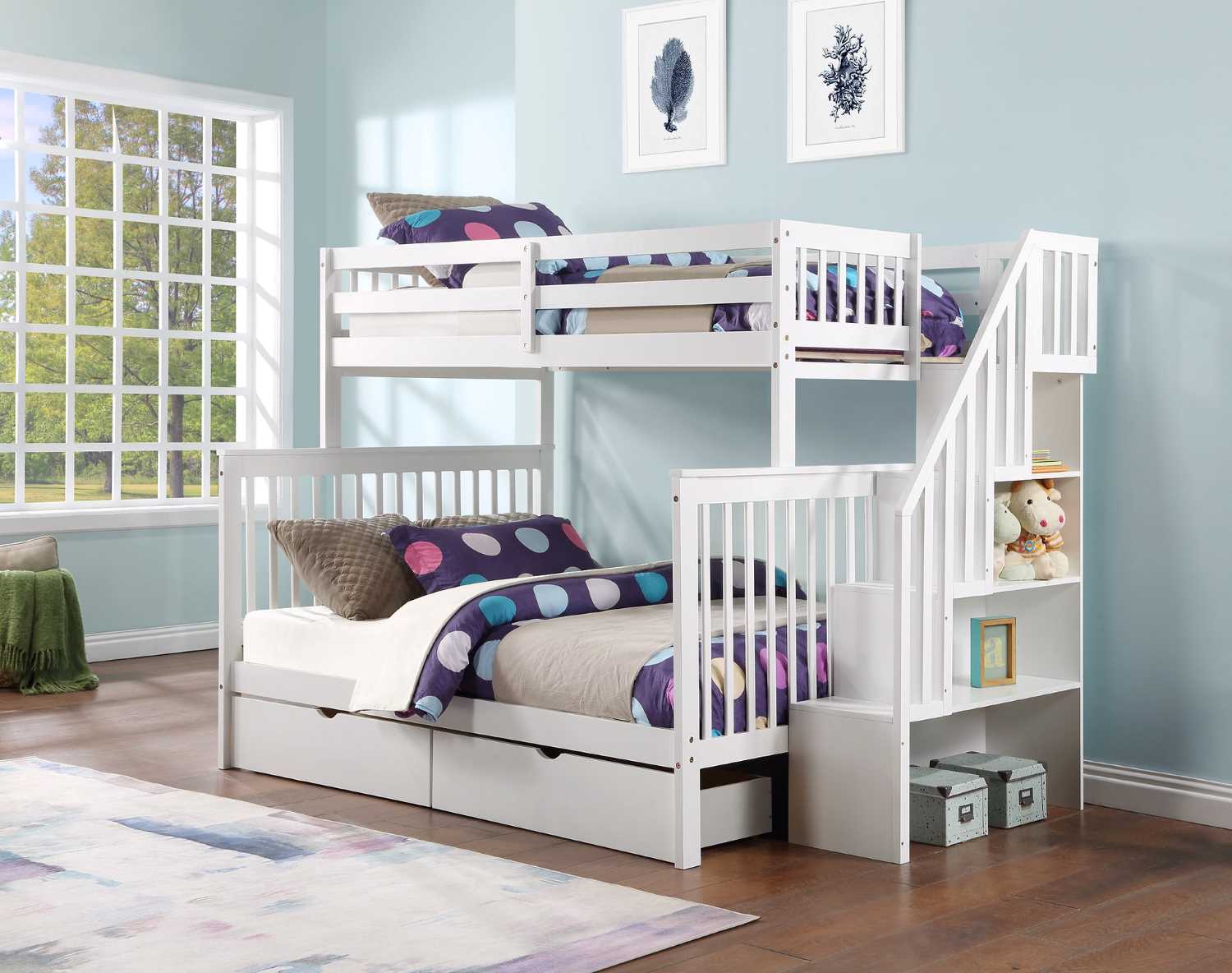Staircase Bunk Bed with 2 Storage Drawers - White 1852 Single/Double