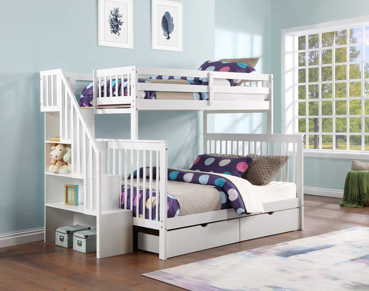Staircase Bunk Bed with 2 Storage Drawers - White 1852 Single/Double
