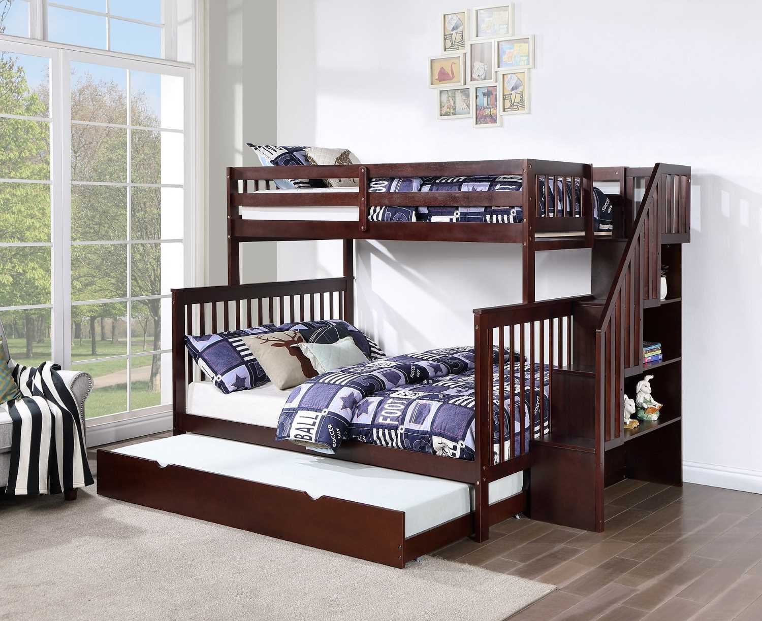 Staircase Bunk Bed with Single Size Pull-Out Trundle- Espresso 1850 Single/Double
