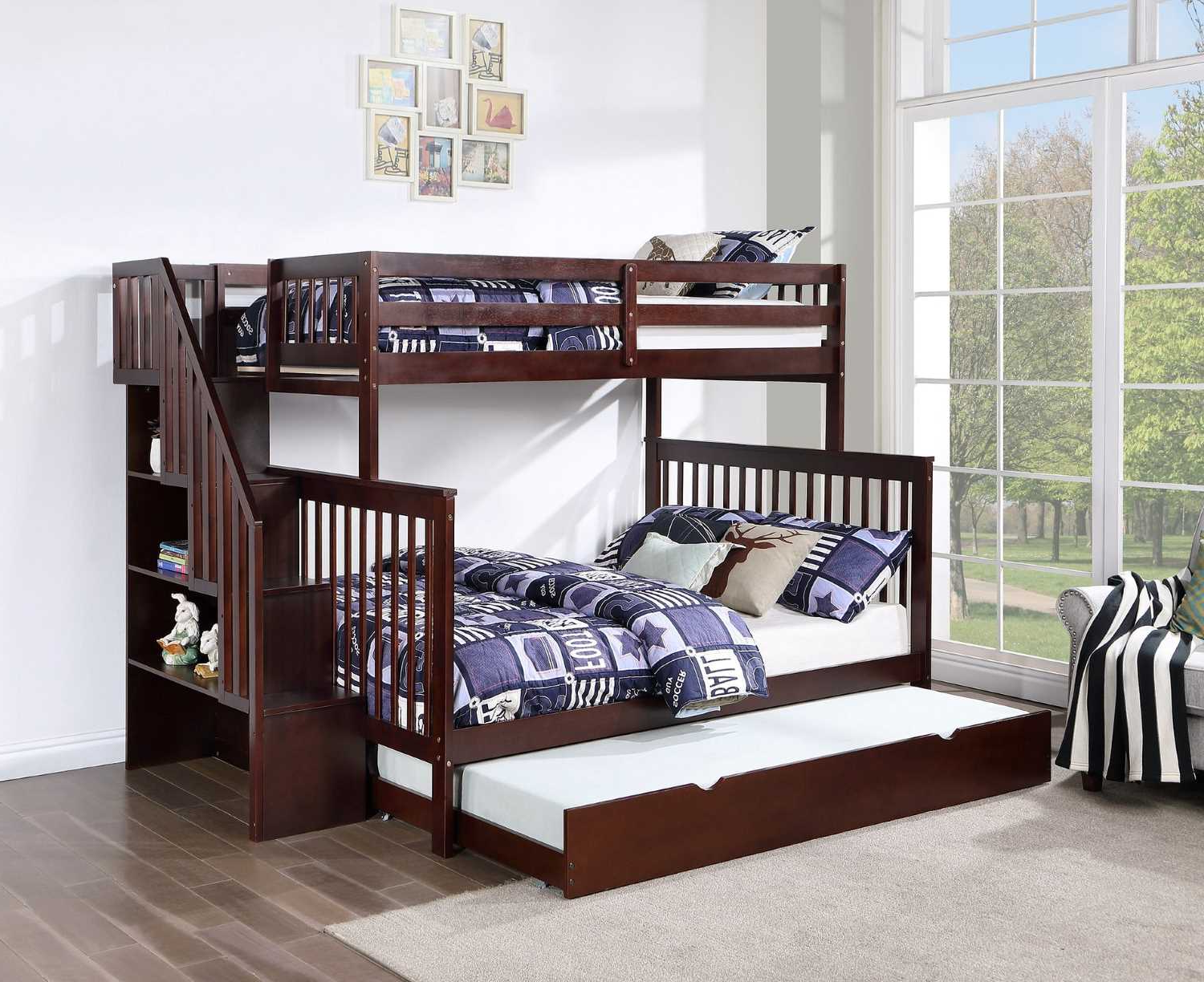 Staircase Bunk Bed with Single Size Pull-Out Trundle- Espresso 1850 Single/Double