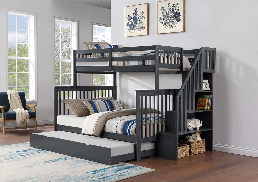 Staircase Bunk Bed with Single Size Pull-Out Trundle- Grey 1851 Single/Double