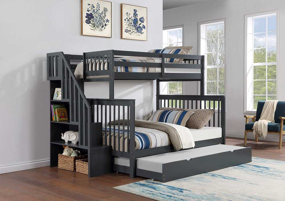 Staircase Bunk Bed with Single Size Pull-Out Trundle- Grey 1851 Single/Double
