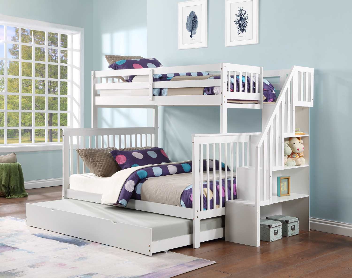Staircase Bunk Bed with Single Size Pull-Out Trundle- White 1852 Single/Double