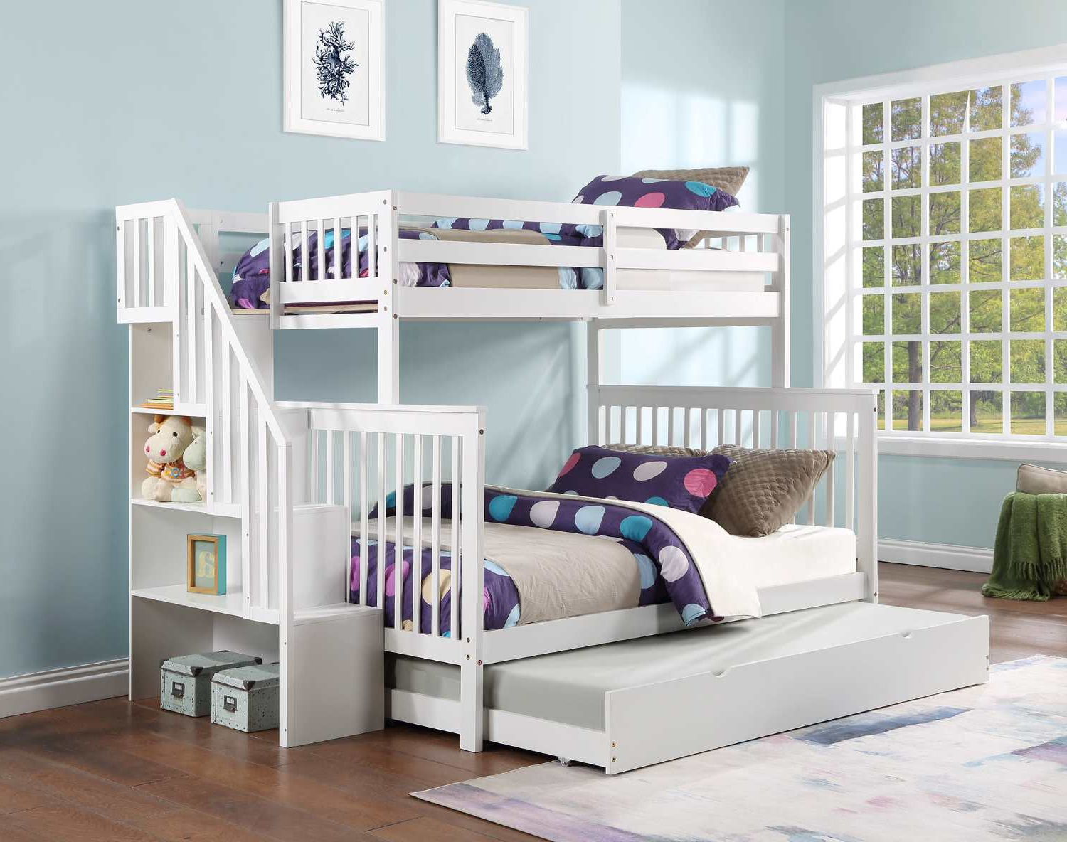 Staircase Bunk Bed with Single Size Pull-Out Trundle- White 1852 Single/Double