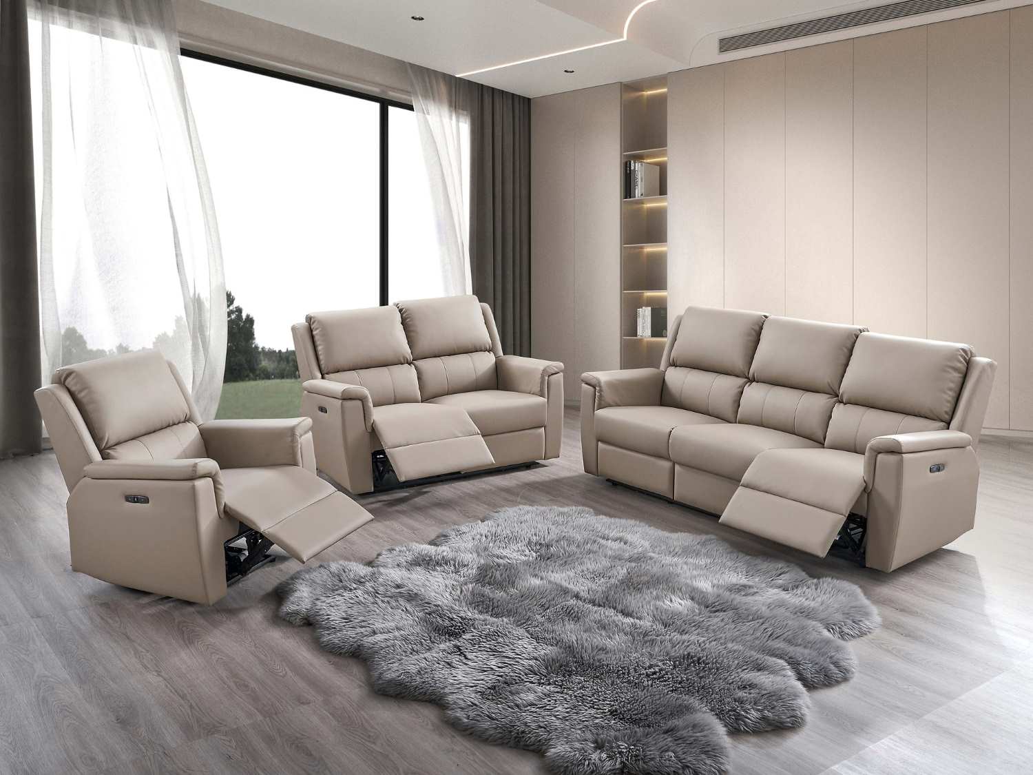 Stone Colour PU Power Recliner Sofa Set With USB Ports 8150