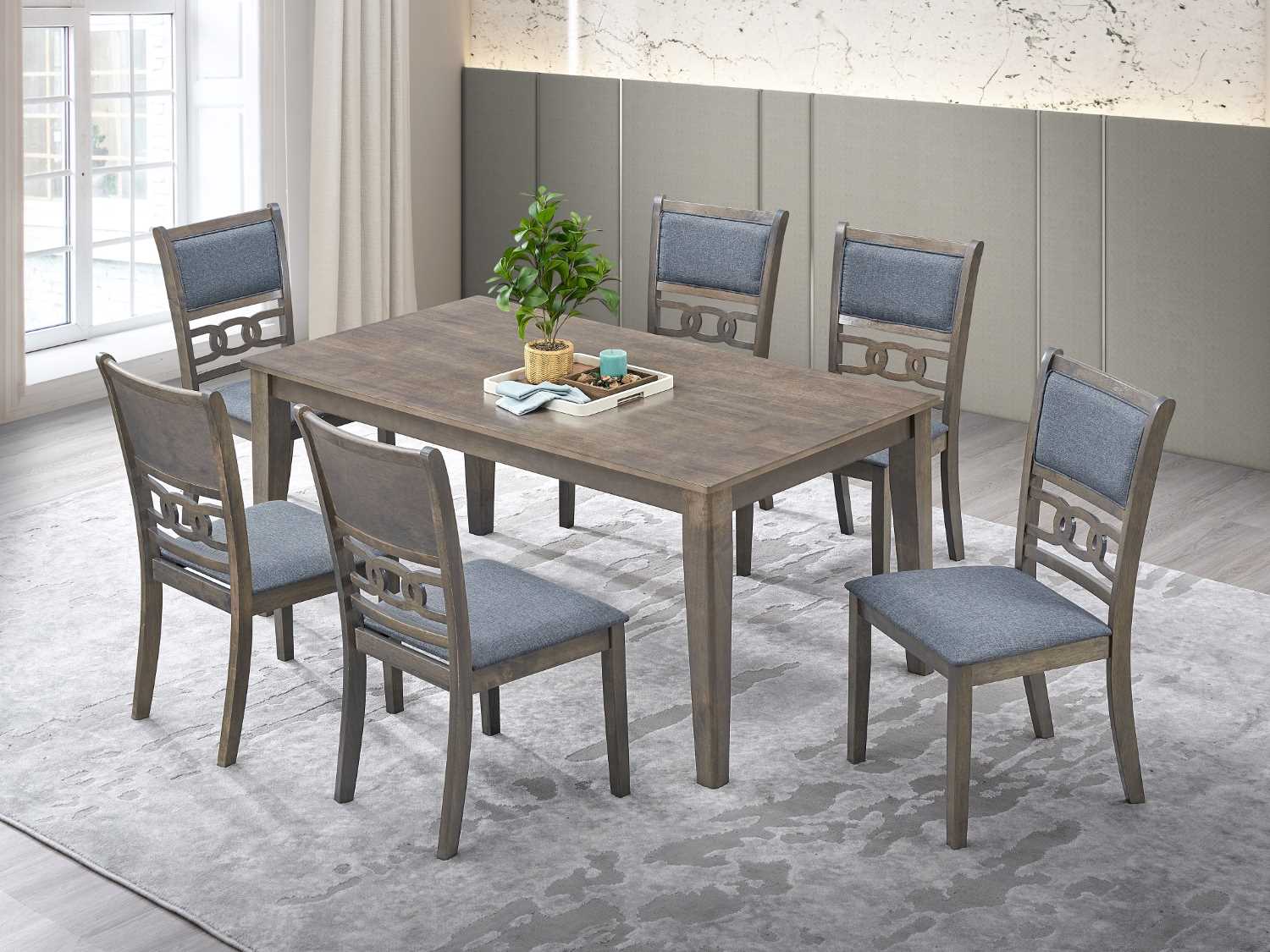 Antique Grey Dining Table with 6 Grey Fabric Chairs T-1080 / C-1084