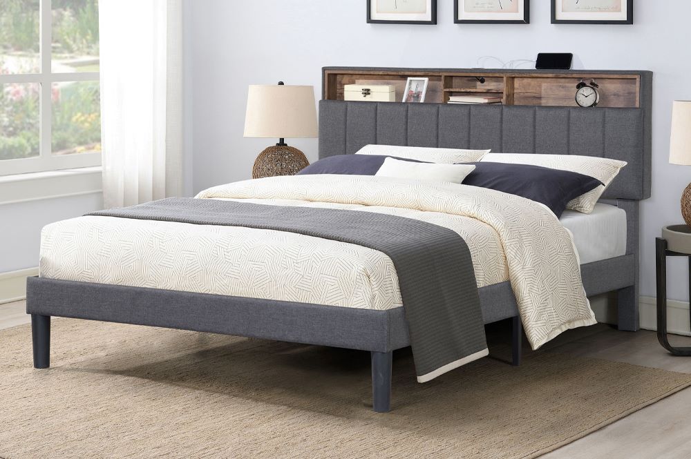Storage Platform Bed in Grey Fabric T2178